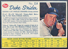 Load image into Gallery viewer, 1962 Duke Snider Post Trading Card #114 MLB Baseball Los Angeles Dodgers Vintage
