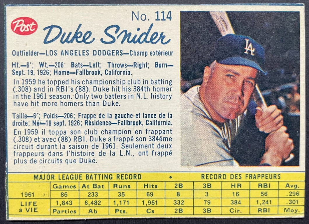 1962 Duke Snider Post Trading Card #114 MLB Baseball Los Angeles Dodgers Vintage