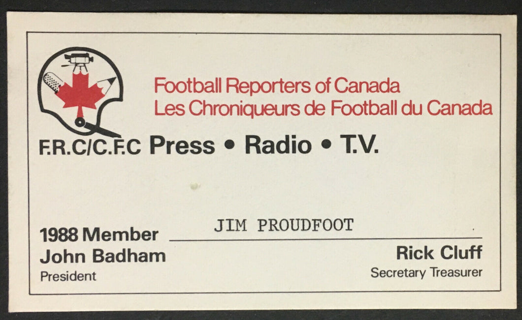 1988 Football Reporters Of Canada Press Radio Tv Pass Credentials CFL Vintage