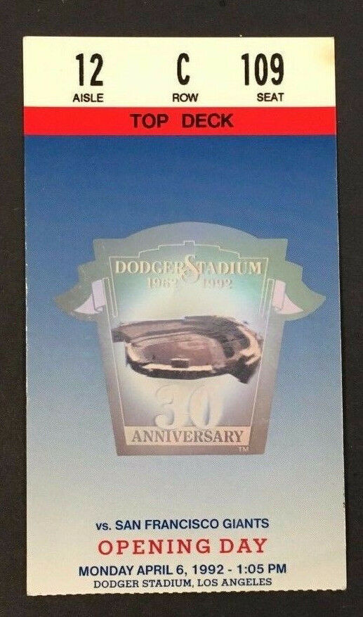 1992 Opening Day Dodgers vs Giants Baseball Hologram Ticket Stub Vintage
