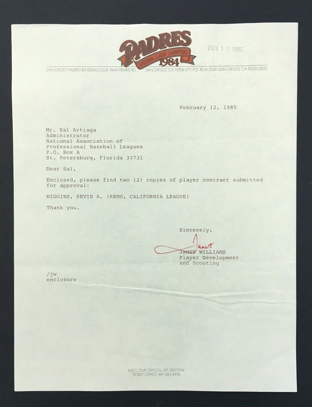 1985 San Diego Padres Letter MLB Baseball Regarding Players Contracts