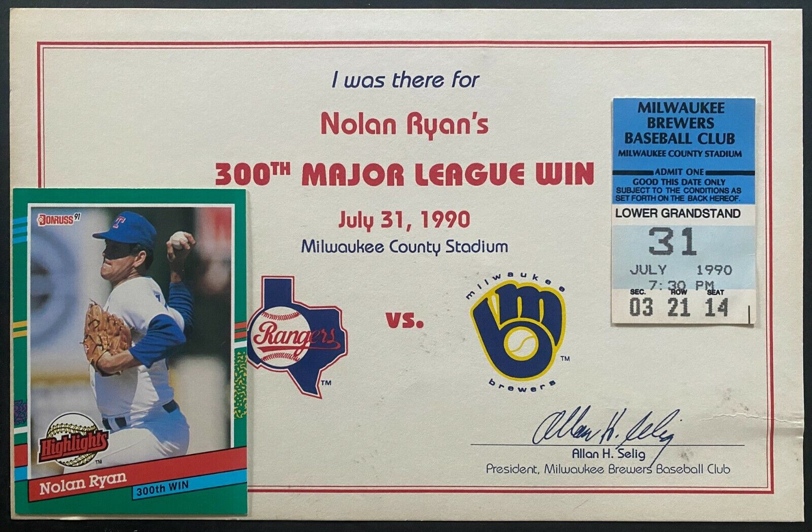 1990 Vintage MLB Texas Rangers Nolan Ryan 300th Win Ticket Stub