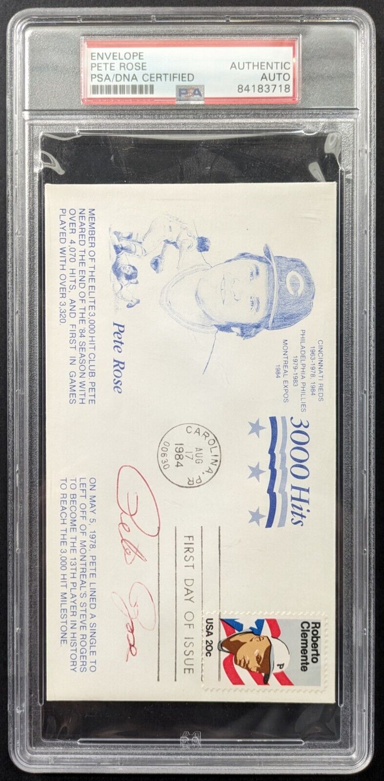 Pete Rose Autographed 3000 Hits Club First Day Cover Signed Baseball MLB PSA