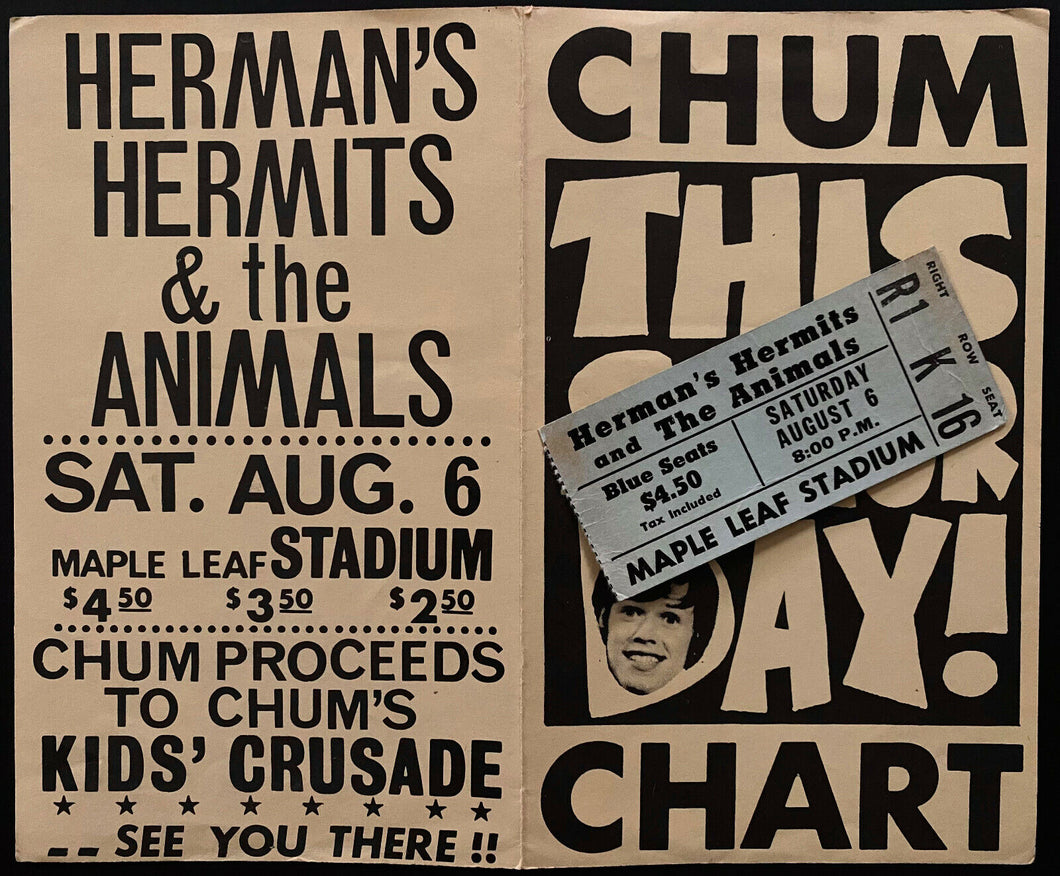 1966 Rock Concert Ticket Hermans Hermits + The Animals Maple Leaf Stadium