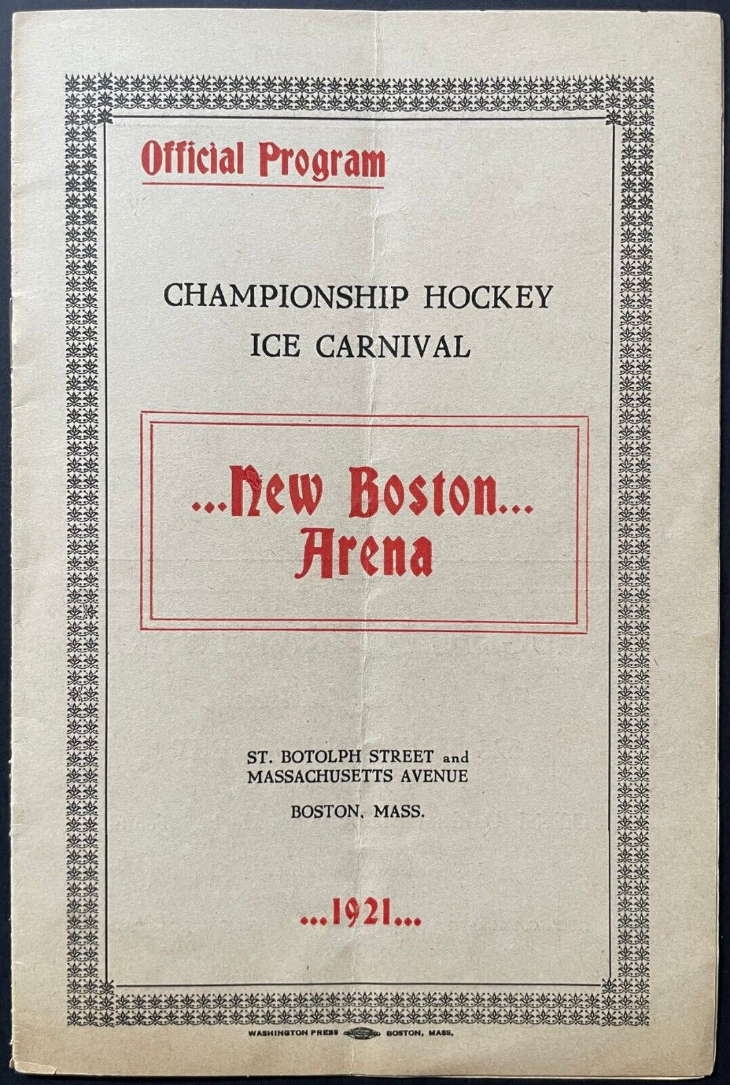 1921 New Boston Arena Double Header Program Ice Carnival Hockey Championship