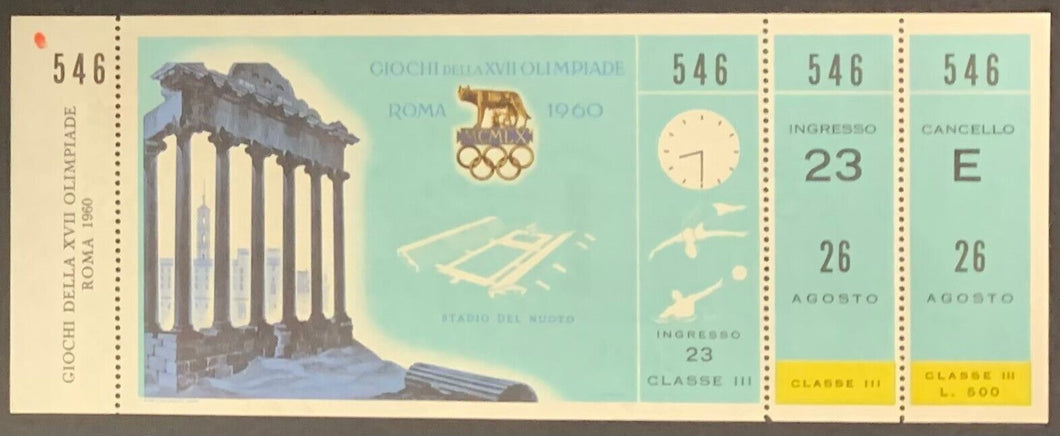 1960 Vintage Rome Summer Olympics Full Ticket Water Polo + Diving