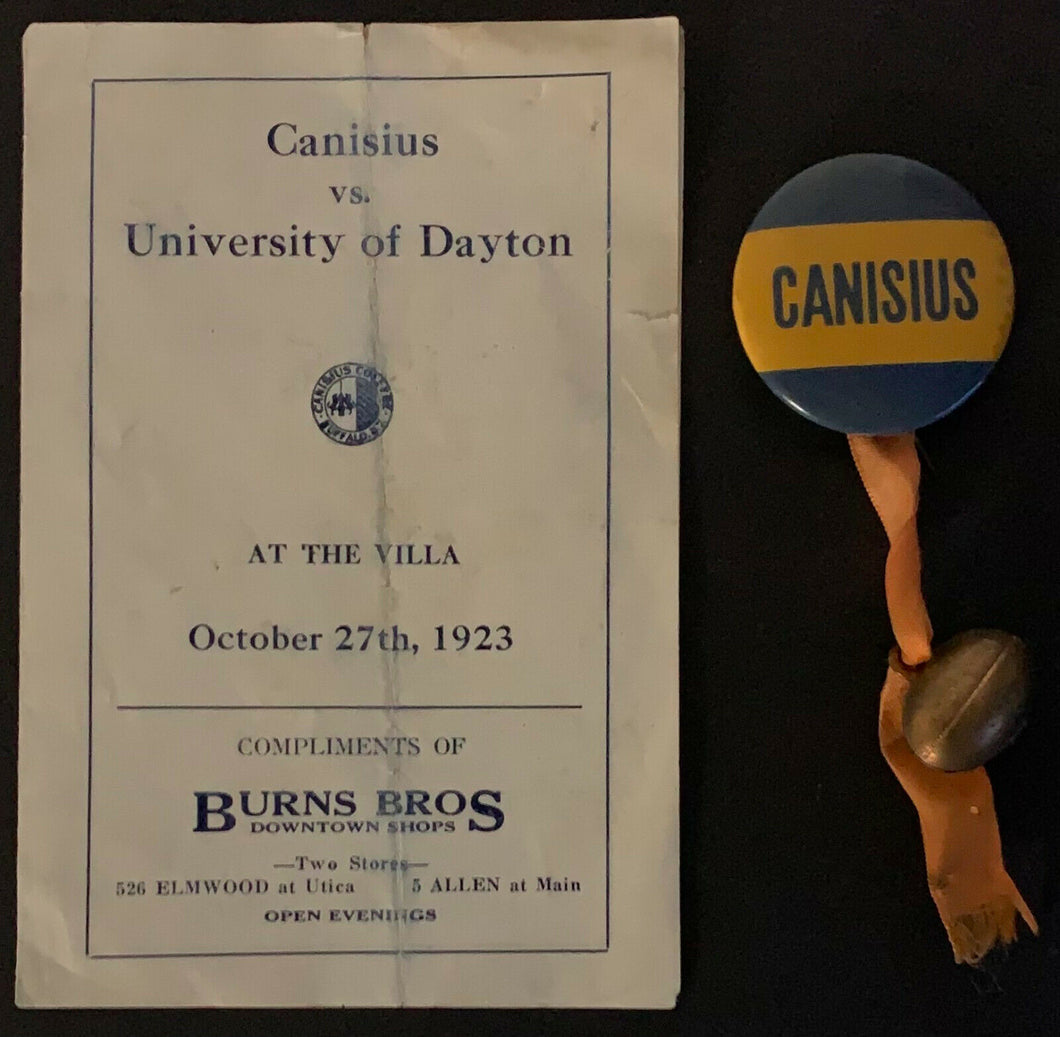 1923 Football Scorecard + Pinback W/ Football Canisius Golden Griffins vs Dayton
