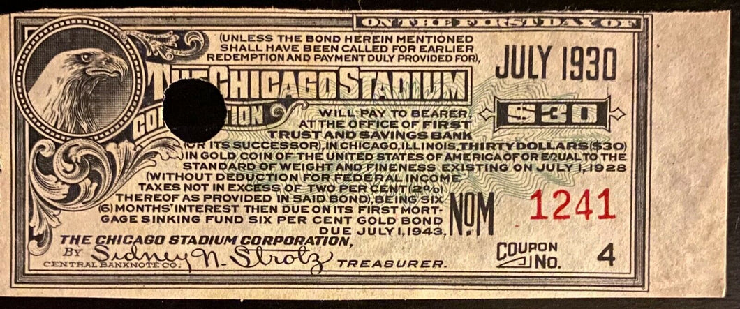 1930 Vintage Bond Coupon Chicago Stadium Bulls Blackhawks NBA NHL Arena No. 1241