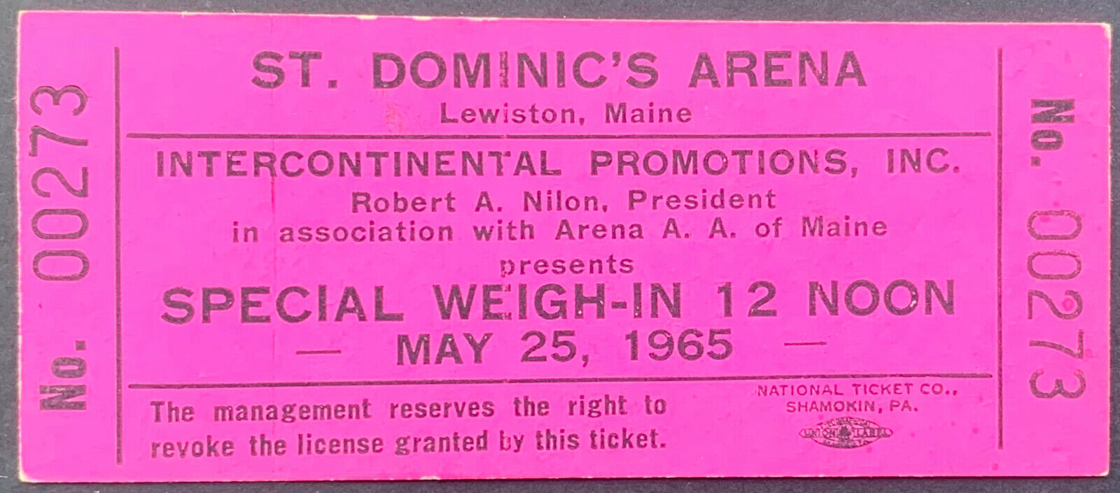 May 25th 1965 Boxing Weigh In Ticket 2nd Fight Cassius Clay Vs Sonny