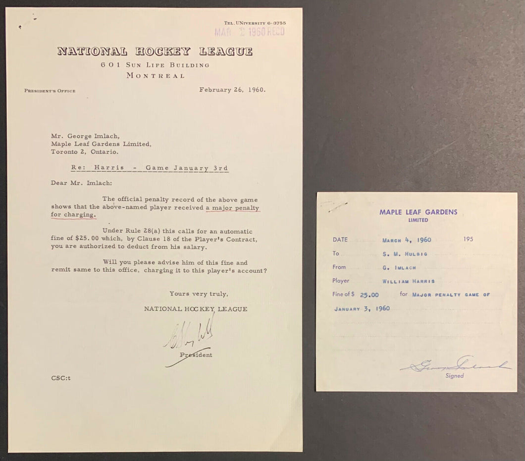 1960 NHL Fine On Leaf Player Billy Harris Charging On Blackhawks Signed Campbell