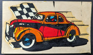 Rare 1950s Era Stock Car Decal Bumper Sticker Unused Racing Checked Flag