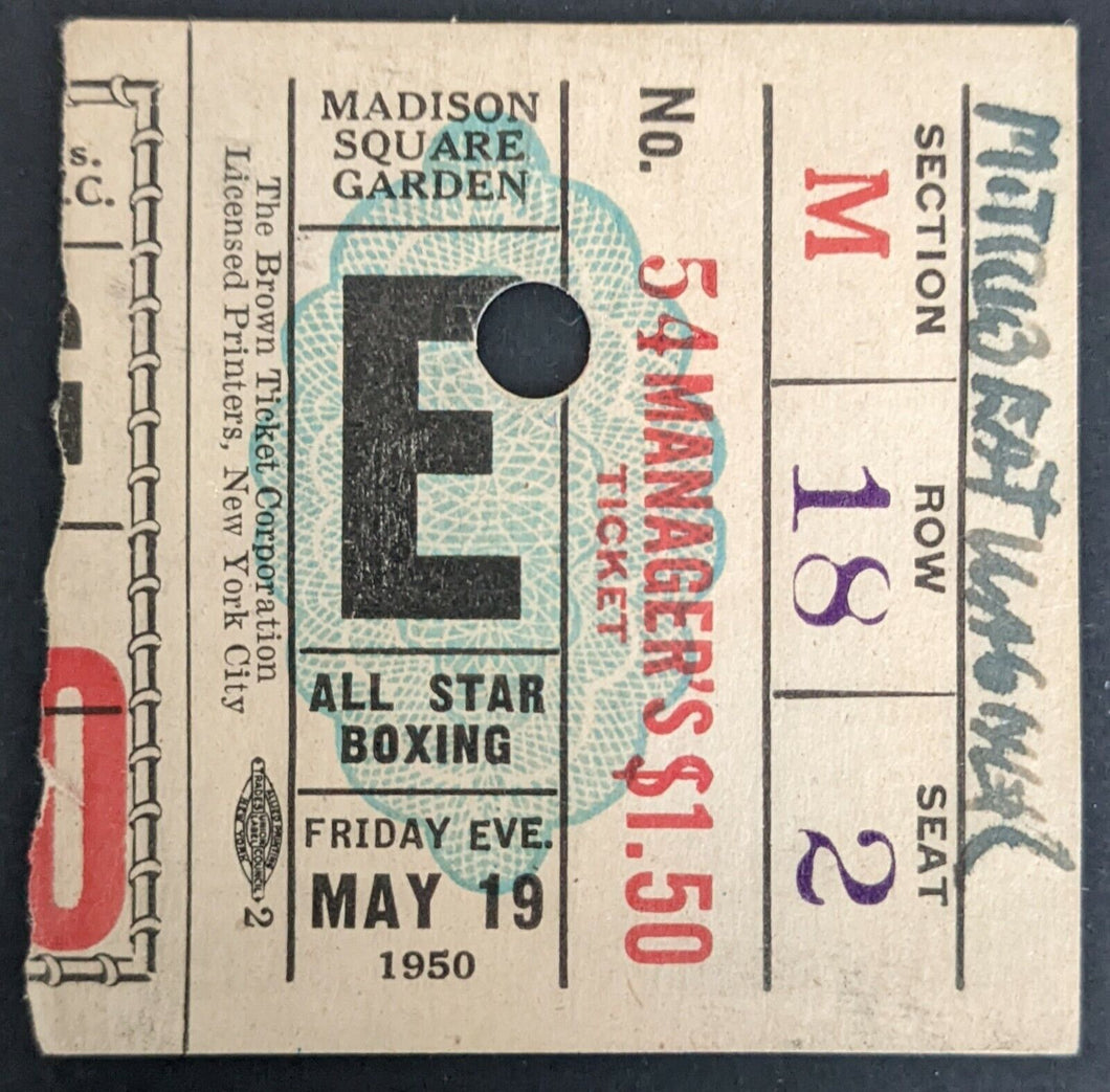 1950 Madison Square Garden Boxing Vintage Ticket Stub Tiberio Mitri Dick Wagner