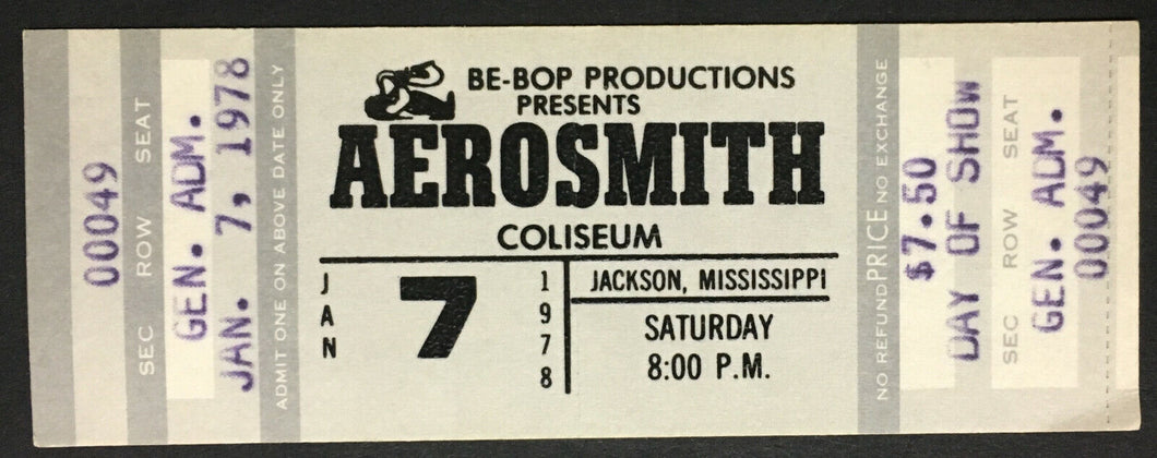 1978 Aerosmith Concert Ticket Mississippi Coliseum Unused Vintage Music Tyler