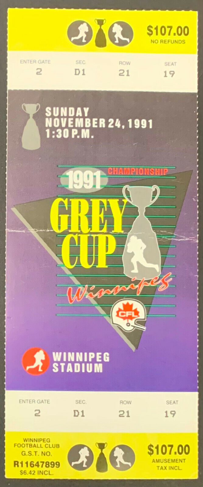 1991 Grey Cup CFL Football Full Ticket Winnipeg Stadium Argonauts vs Stampeders