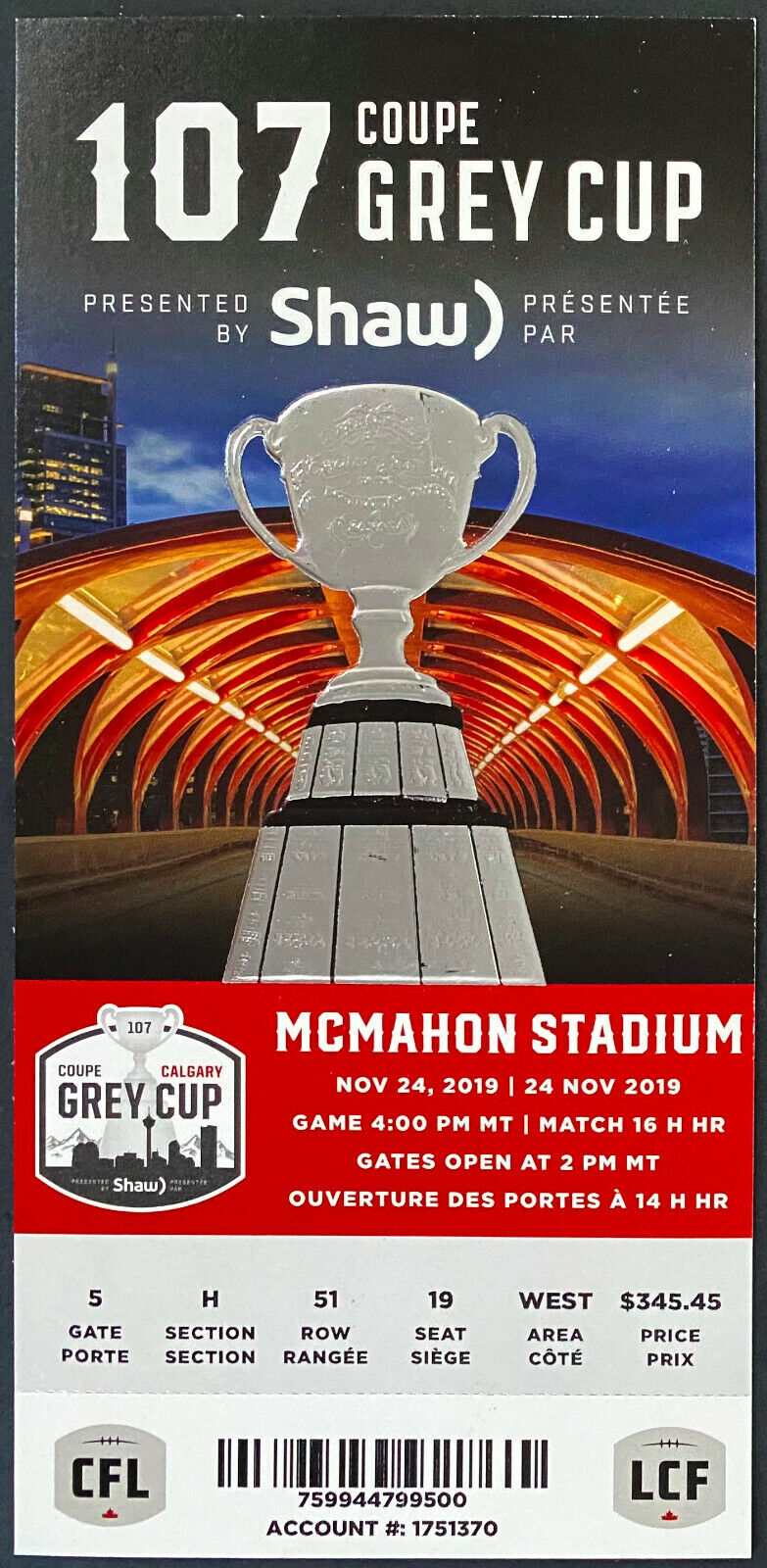 2019 CFL Grey Cup Football Ticket McMahon Stadium Calgary Winnipeg vs Hamilton
