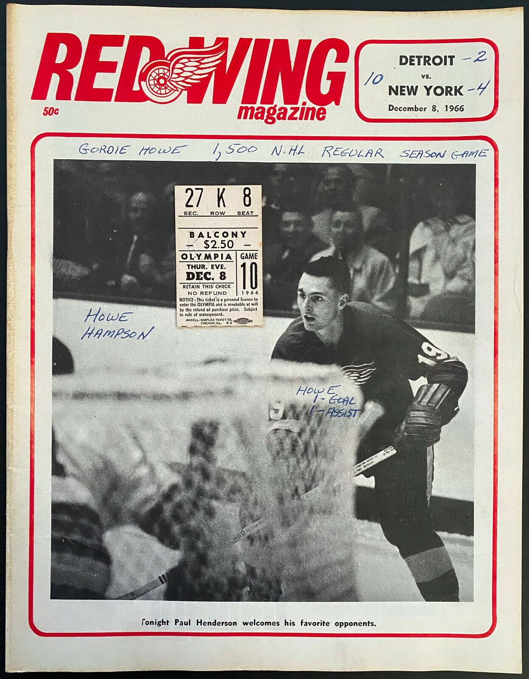 1966 Detroit Olympia Historic NHL Hockey Program + Ticket Howe's 1500th Game