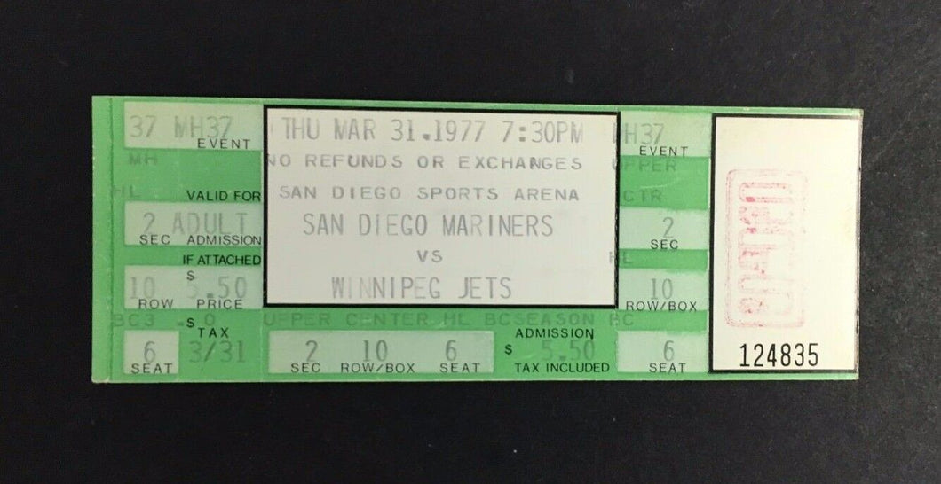 1977 San Diego mariners vs Winnipeg Jets WHA Hockey Ticket