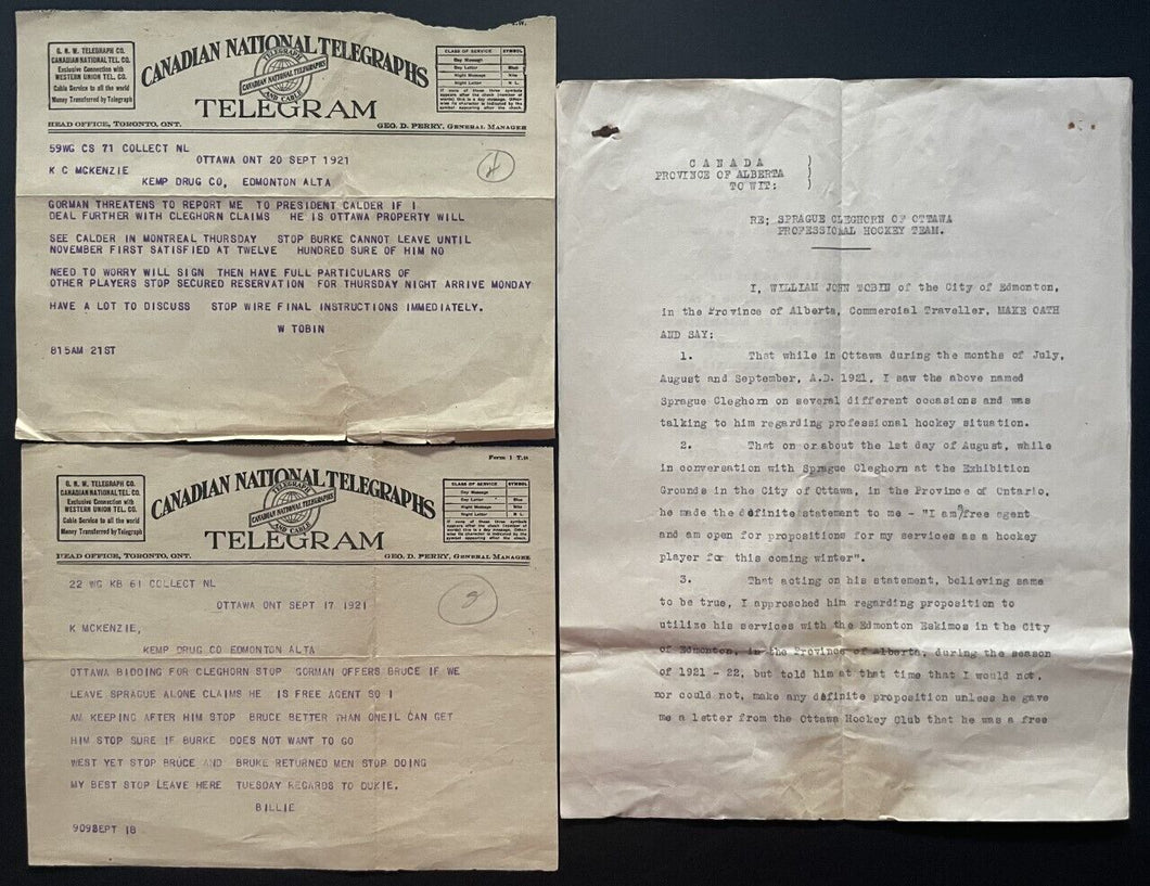 1921-22 NHL Hockey Document Telegram Regarding Sprague Cleghorn Future HOFer