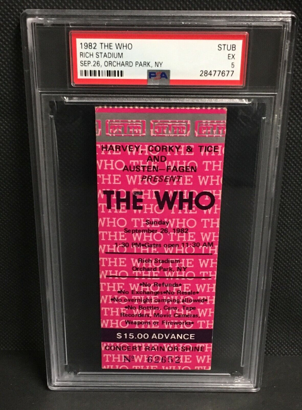 1982 The Who Rich Stadium Concert Ticket Orchard Park New York Keith Moon PSA 5