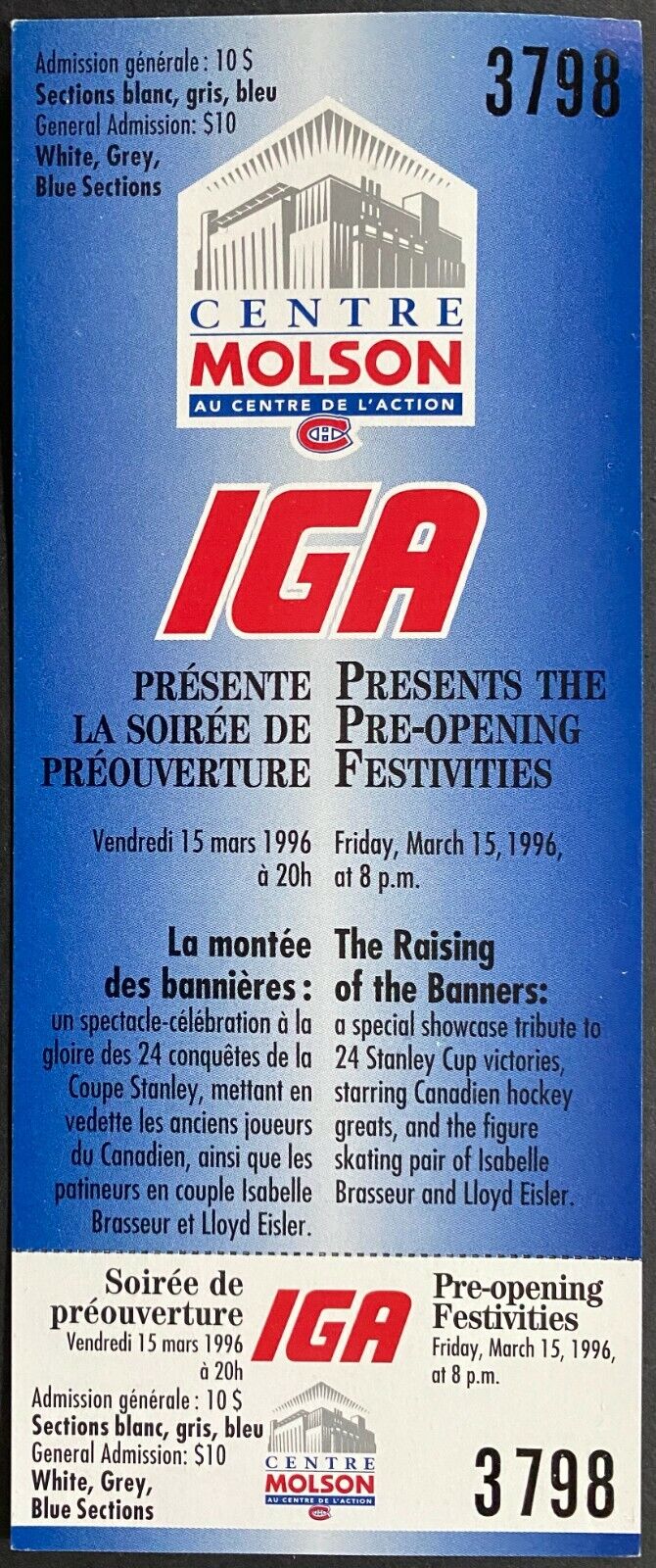 1996 Vintage NHL Hockey Ticket Molson Centre Grand Opening Montreal Canadiens