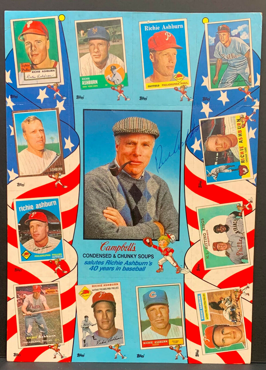 1988 Richie Ashburn HOFer Autographed Campbell's Soup Topps Baseball Uncut Sheet