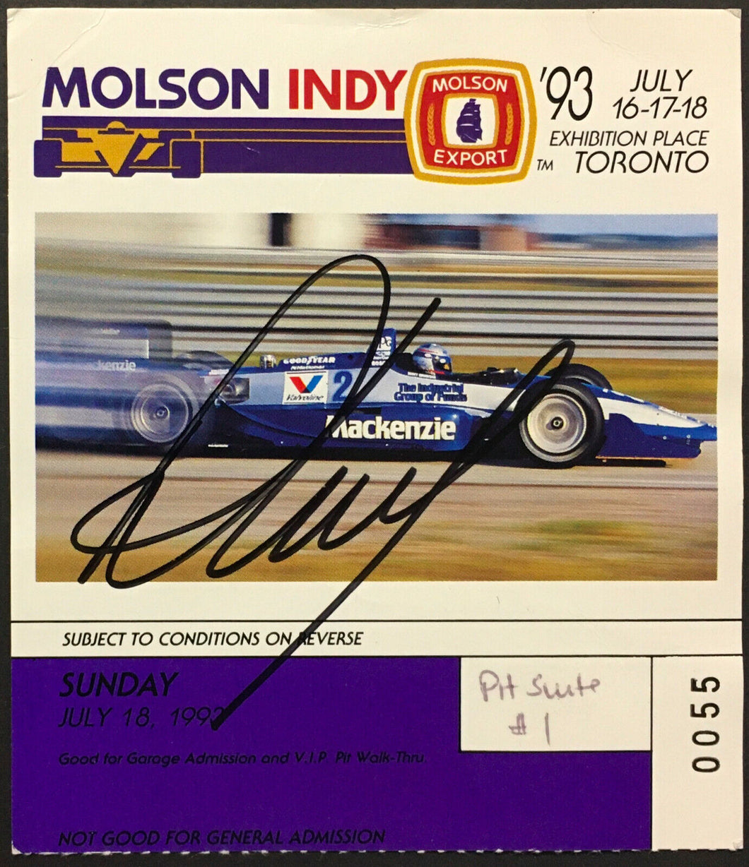 1993 Race Day Pit Pass Molson Indy 500 Autographed Winner Signed Paul Tracy