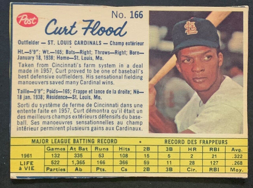 1962 Curt Flood White Back Canadian Post Trading Card #166 St. Louis Cardinals