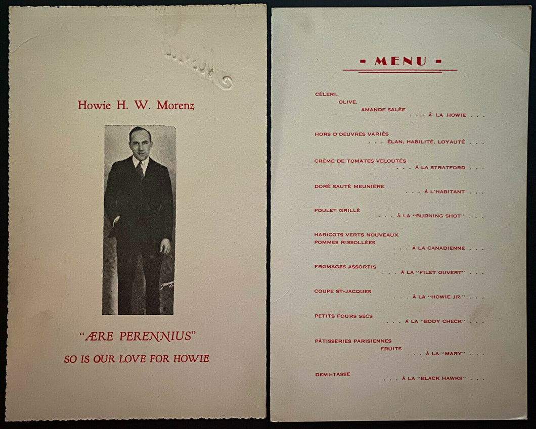 1934 Restaurant Dinner Menu To Honor Howie Morenz Montreal Canadiens Host NHL