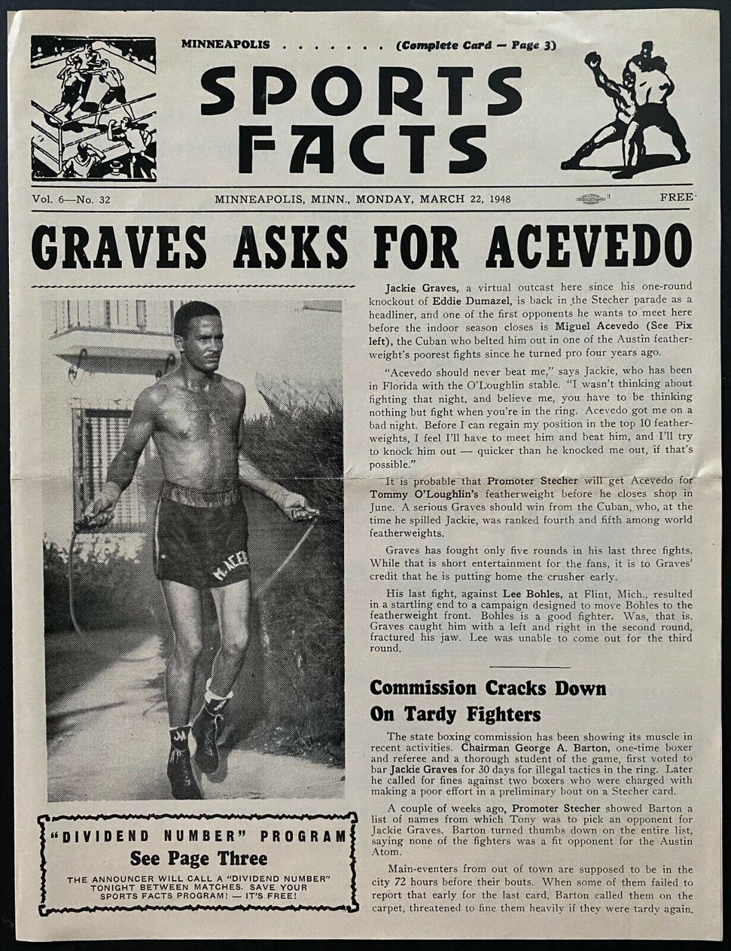 1948 Vintage Sports Facts Boxing Magazine Featuring Acevedo Graves Fight