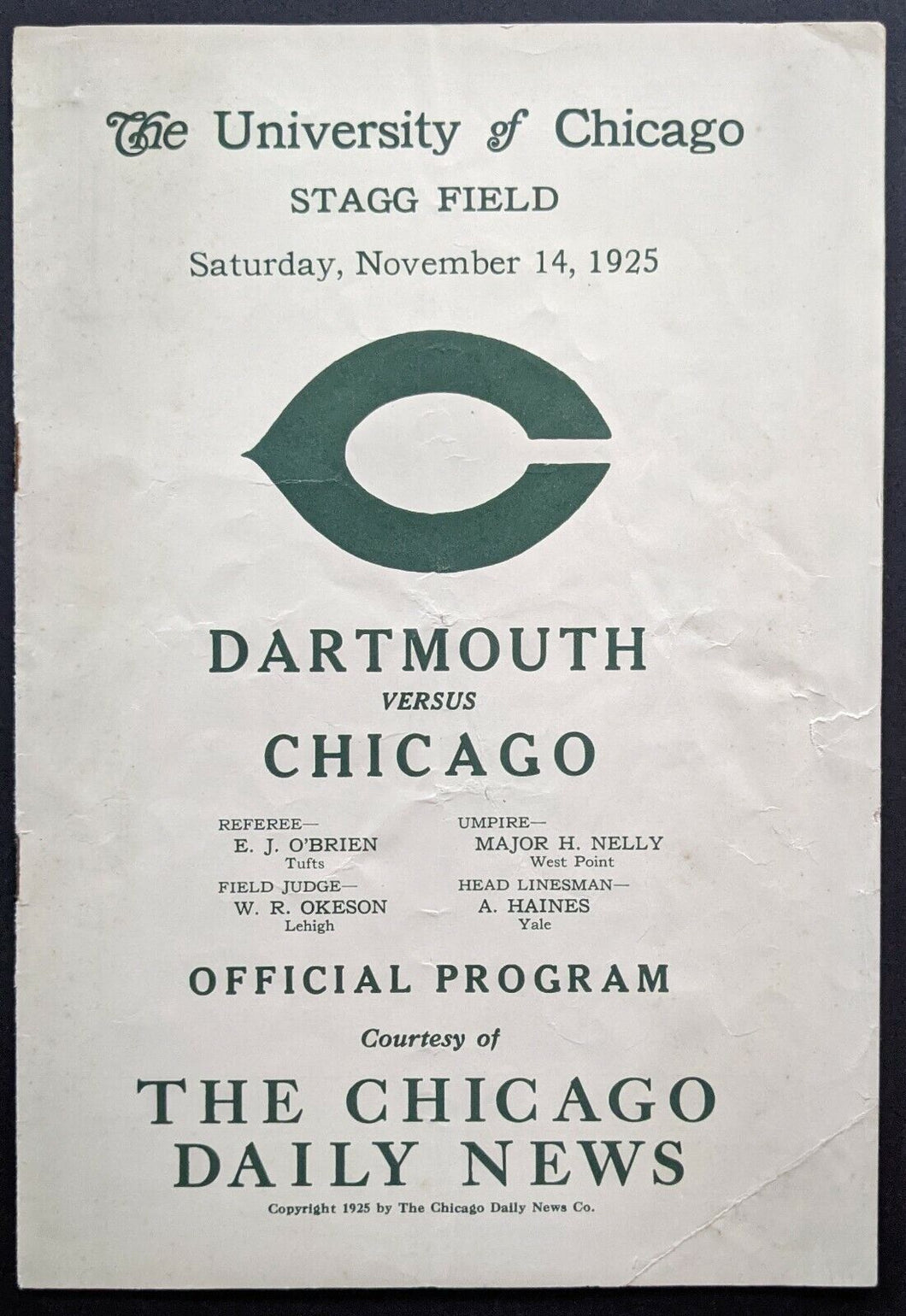 1925 University of Chicago vs. Dartmouth Homecoming Game Program Football NCAA