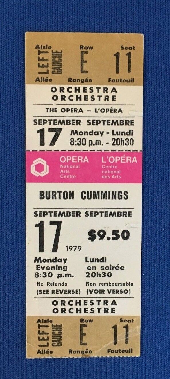1979 Burton Cummings Concert Ticket National Arts Centre Ottawa Canada Vintage