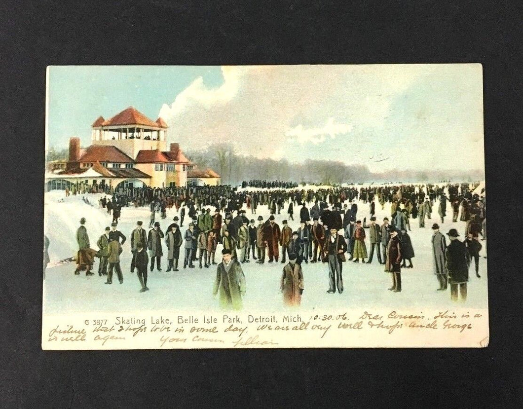 1906 Skating Postcard Detroit Belle Isle Park Michigan Vintage stamp + Content
