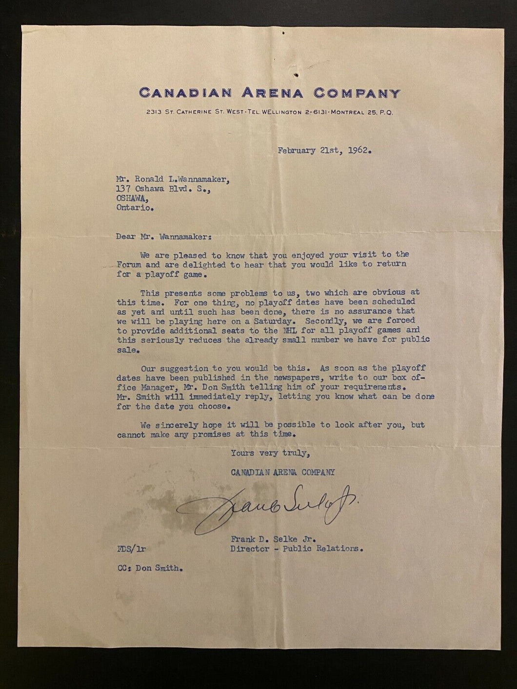 1962 NHL Hockey Signed Letter Frank Selke Jr Autographed Montreal Canadiens Rare