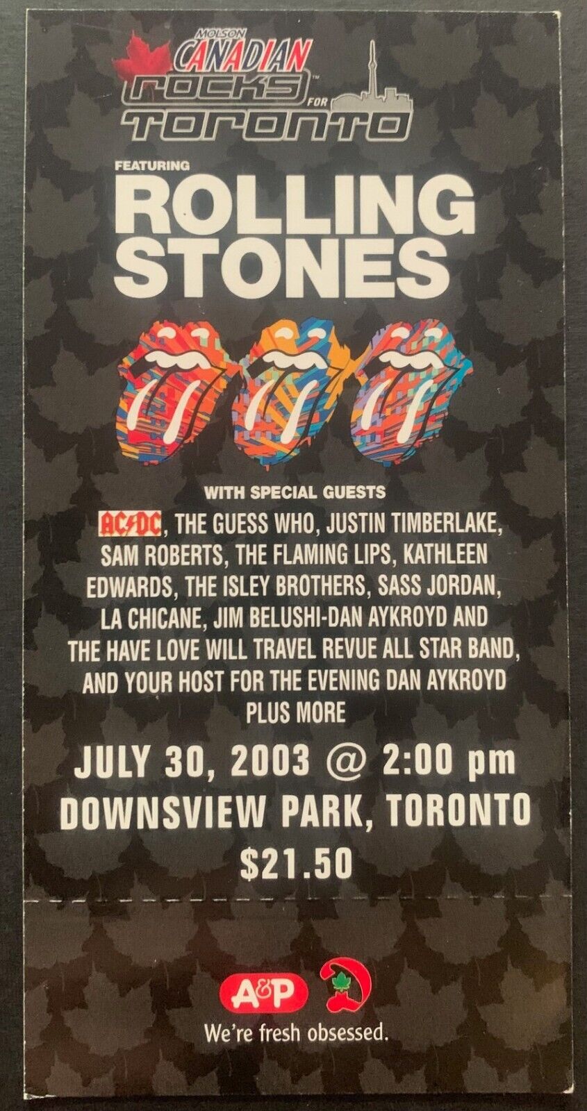 2003 Rolling Stones SARStock Unused Concert Ticket Toronto Canada