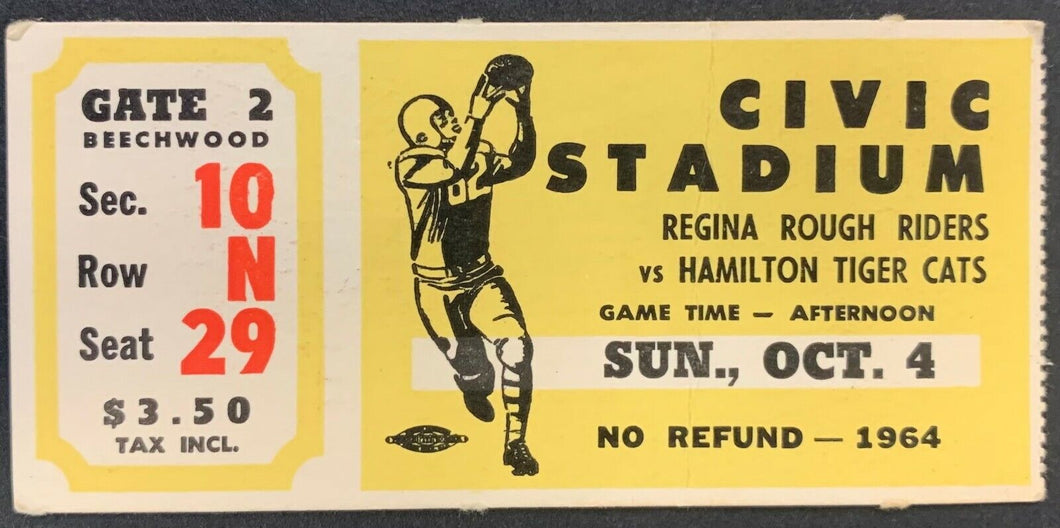 1964 Civic Stadium CFL Football Ticket Hamilton Tiger-Cats v Regina Rough Riders
