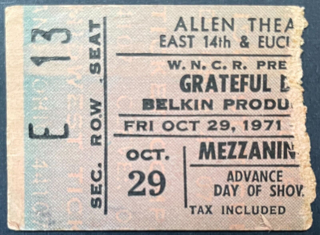 1971 Grateful Dead Concert Ticket Stub Cleveland Allen Theater Vintage Music