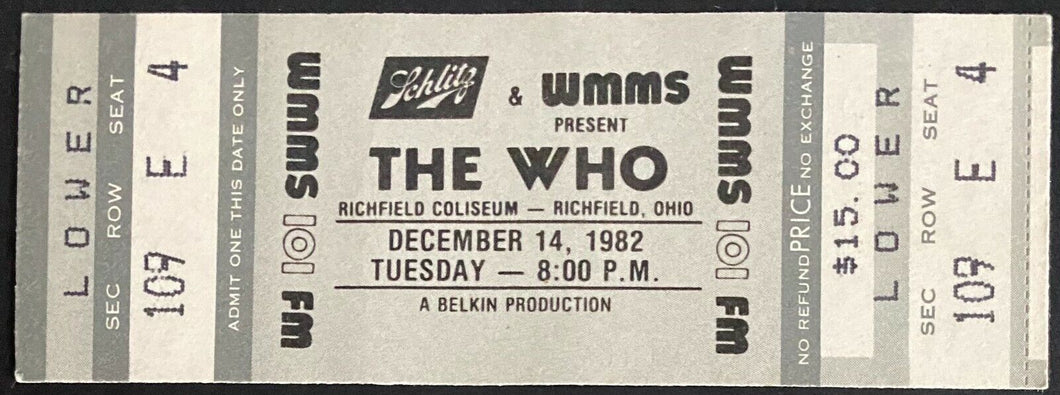 1982 The Who Richfield Coliseum Concert Ticket Keith Moon Pete Townshend Vintage