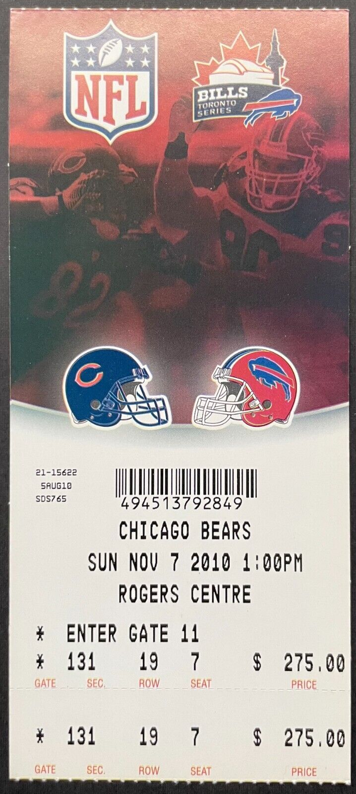 2010 NFL Football Rogers Centre Toronto Full Ticket Buffalo Bills Chicago Bears