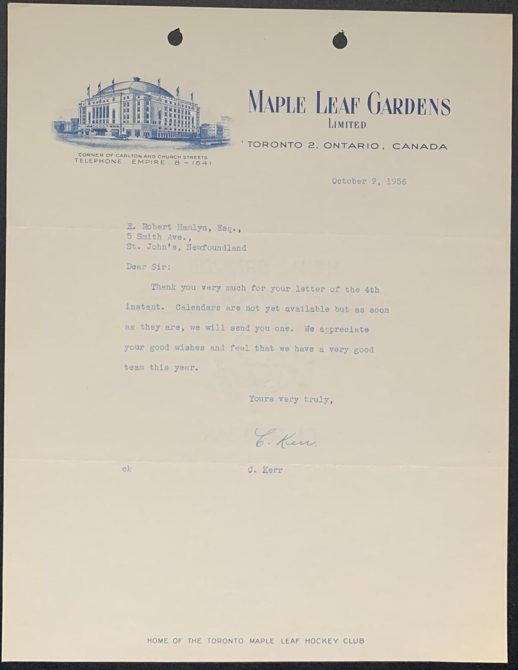 1956 Toronto Maple Leafs Letter Maple Leaf Gardens Letterhead NHL Hockey