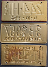 Load image into Gallery viewer, 1953/54 General Mills Wheaties Mini Metal License Plates x3 MI OH LA Vintage
