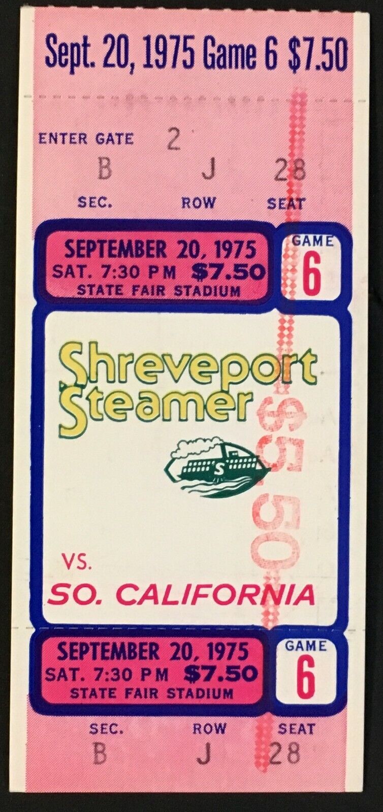 1975 WFL Football Ticket Shreveport Steamer vs Southern California Sun Game 6