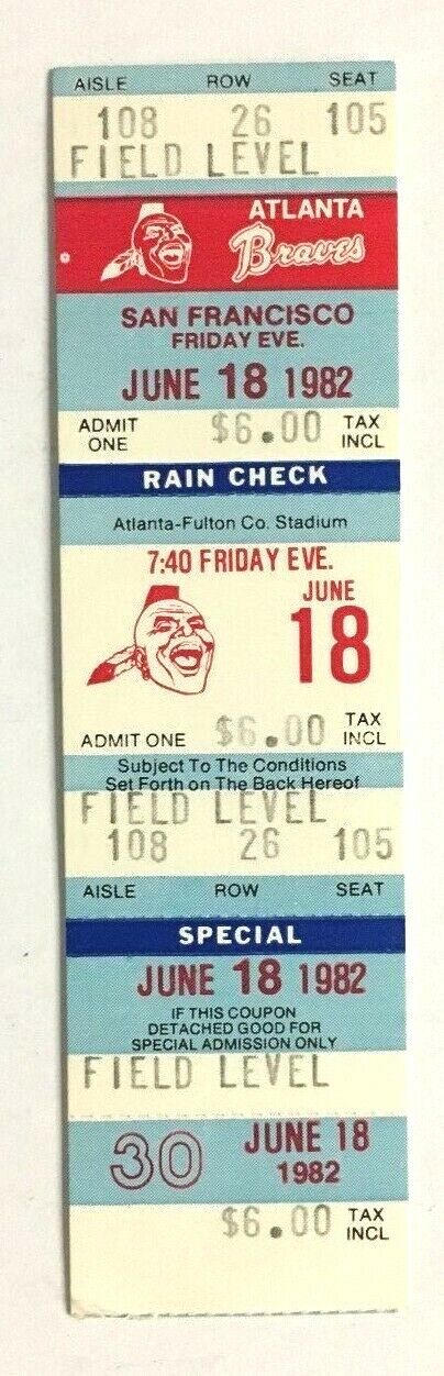 1982 Atlanta Braves Vs San Francisco Giants MLB Baseball Ticket