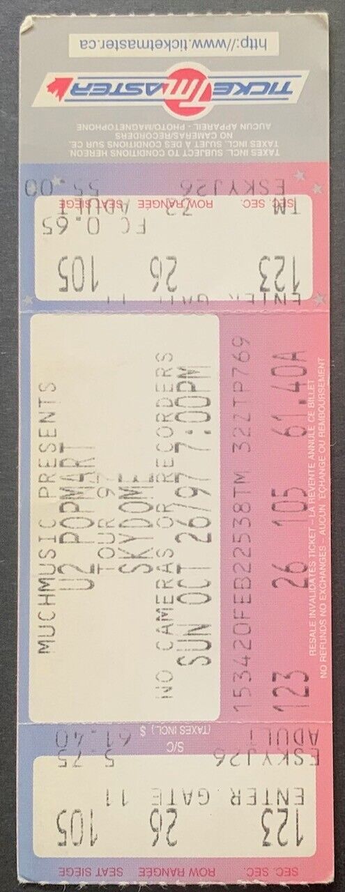 1997 U2 Popmart Tour Concert Ticket Sky Dome Toronto Canada Vintage Unused