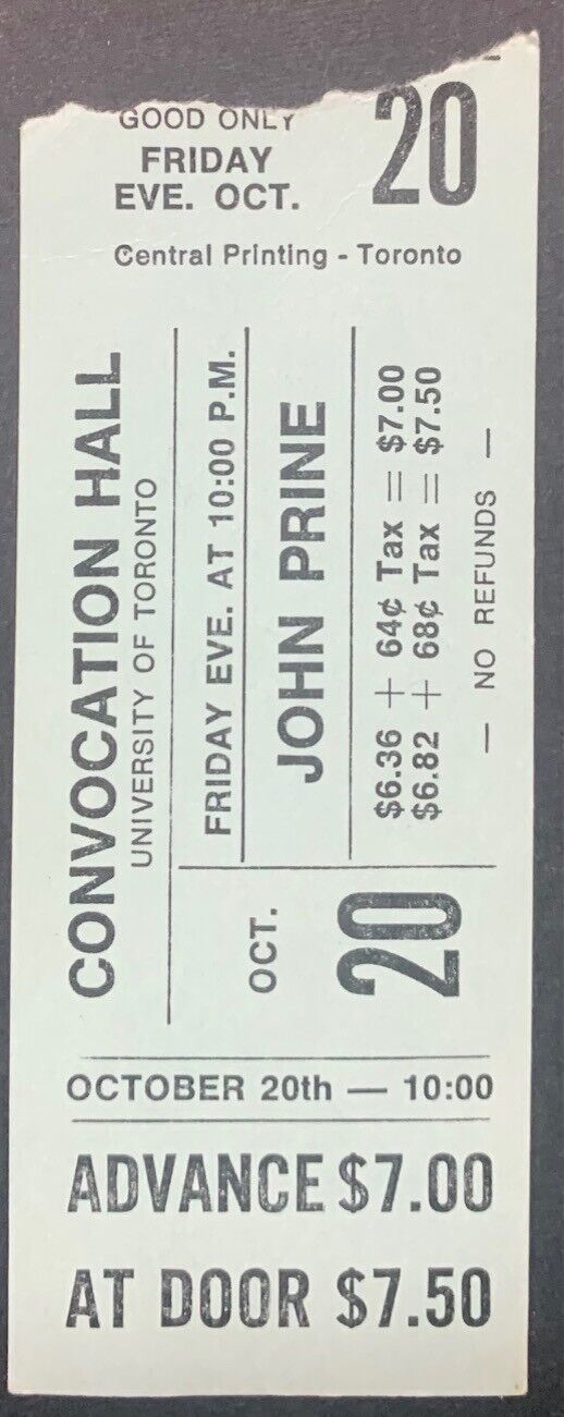 c1970s John Prine UofT Convocation Hall Concert Ticket Stub Music Vintage
