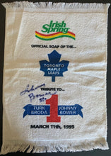 Load image into Gallery viewer, Johnny Bower Autographed Towel Toronto Maple Leafs NHL Hockey Signed 1995 HOF

