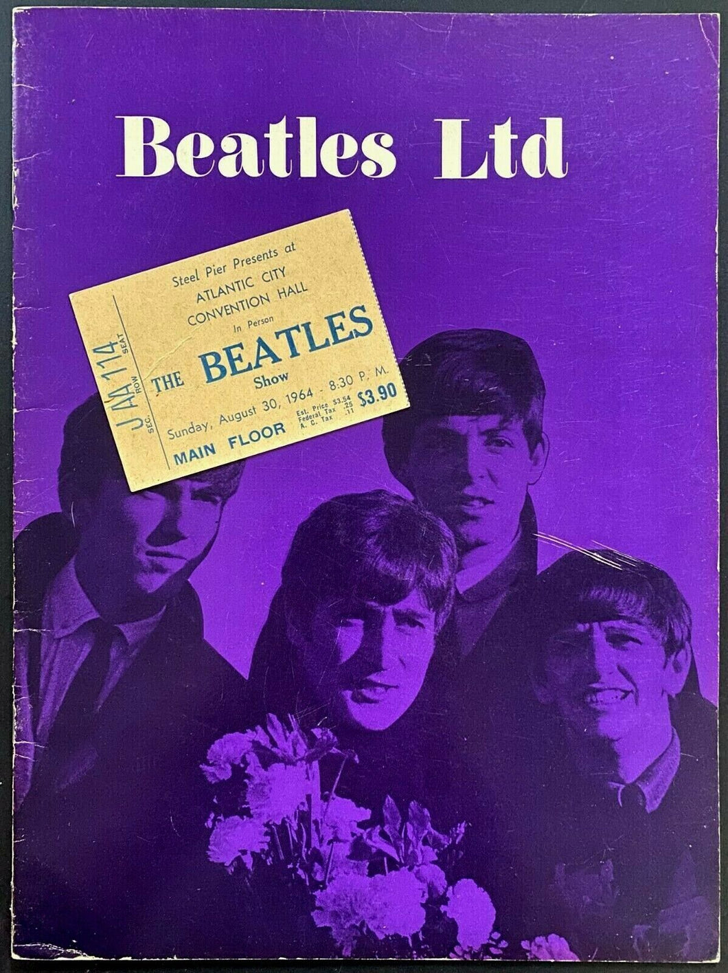 1964 The Beatles Rare Concert Tour Program + Ticket Atlantic City Vintage