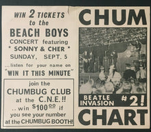 Load image into Gallery viewer, 1965 Chum Chart Radio Survey Beatle Invasion The Beach Boys Concert Advertising
