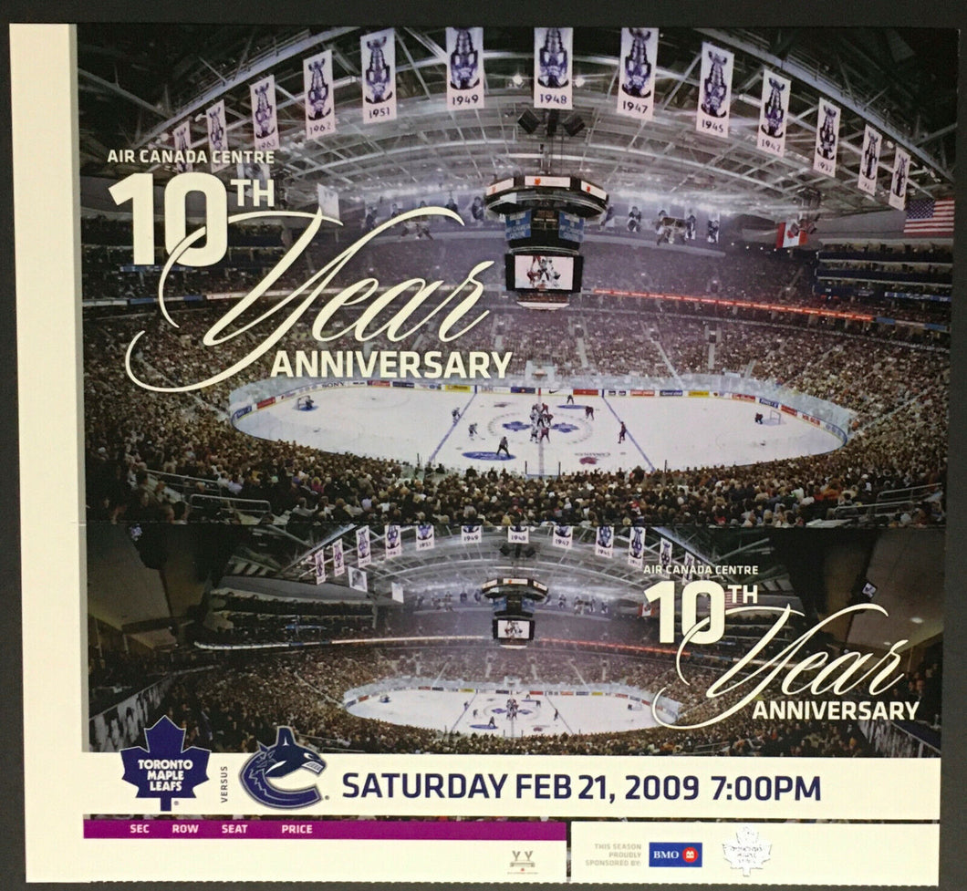 2009 Toronto Maple Leafs Vs Vancouver Canucks 10th Anniversary ACC NHL Ticket