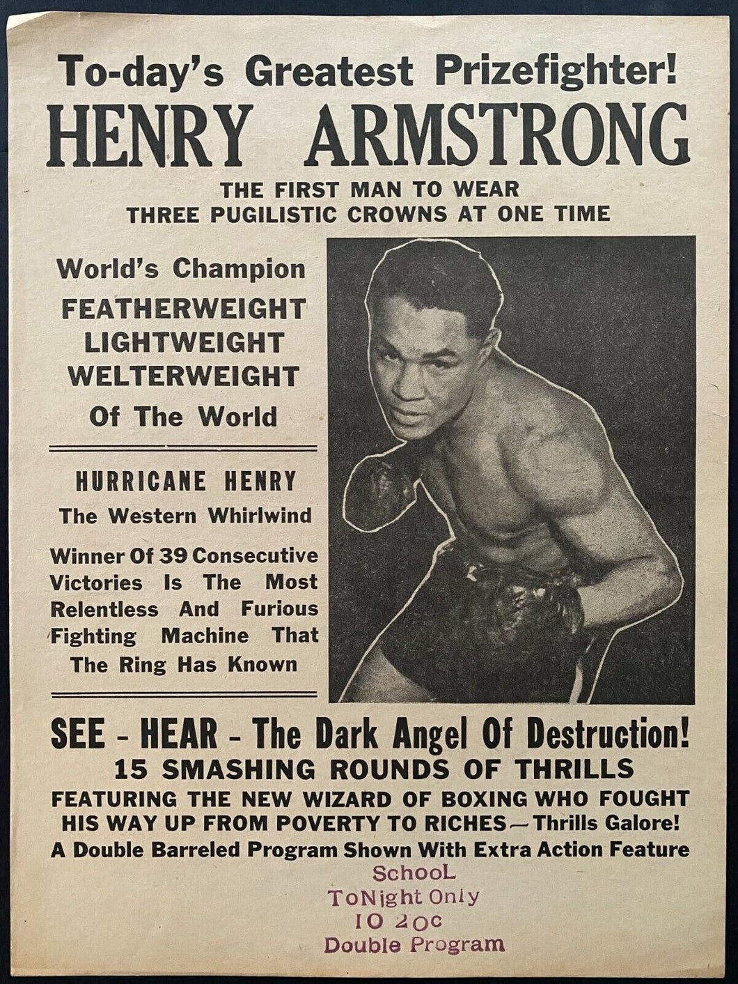 1940s Vintage Boxing Henry Armstrong Poster Three Championships At Once