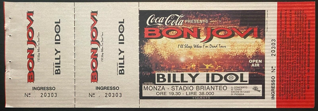 1993 Vintage Bon Jovi Billy Idol Concert Ticket Stub Monza Italy Stadio Brianteo